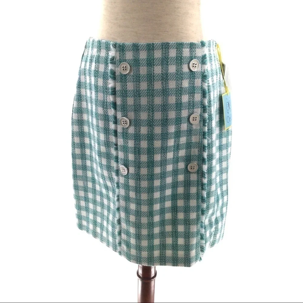 CeCe Frayed Tweed‎ Frame Gingham Pencil Mini Skirt